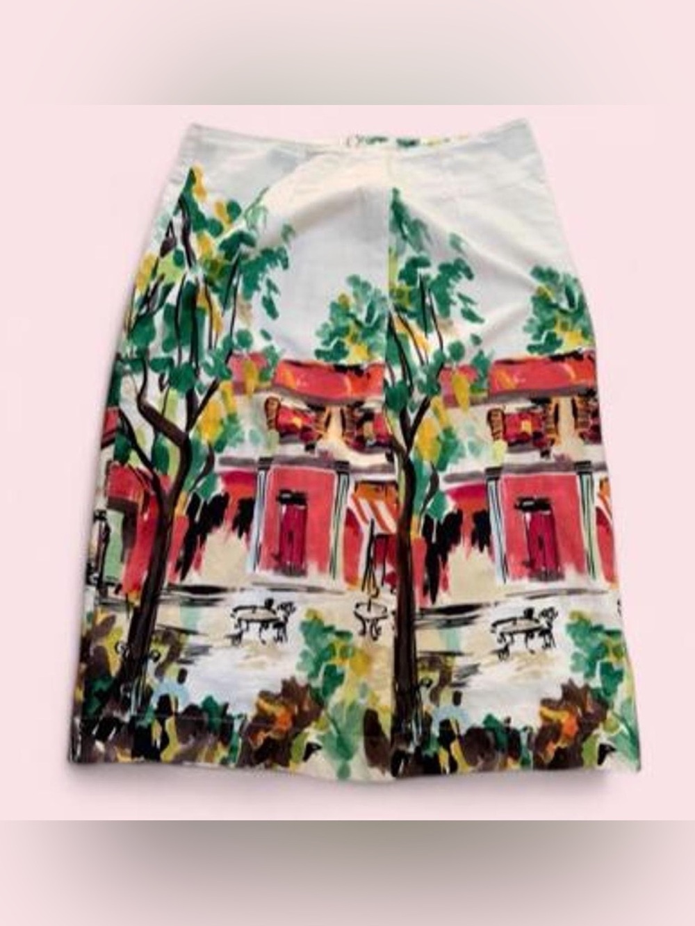 Bass White Painterly Village Print Pencil Skirt